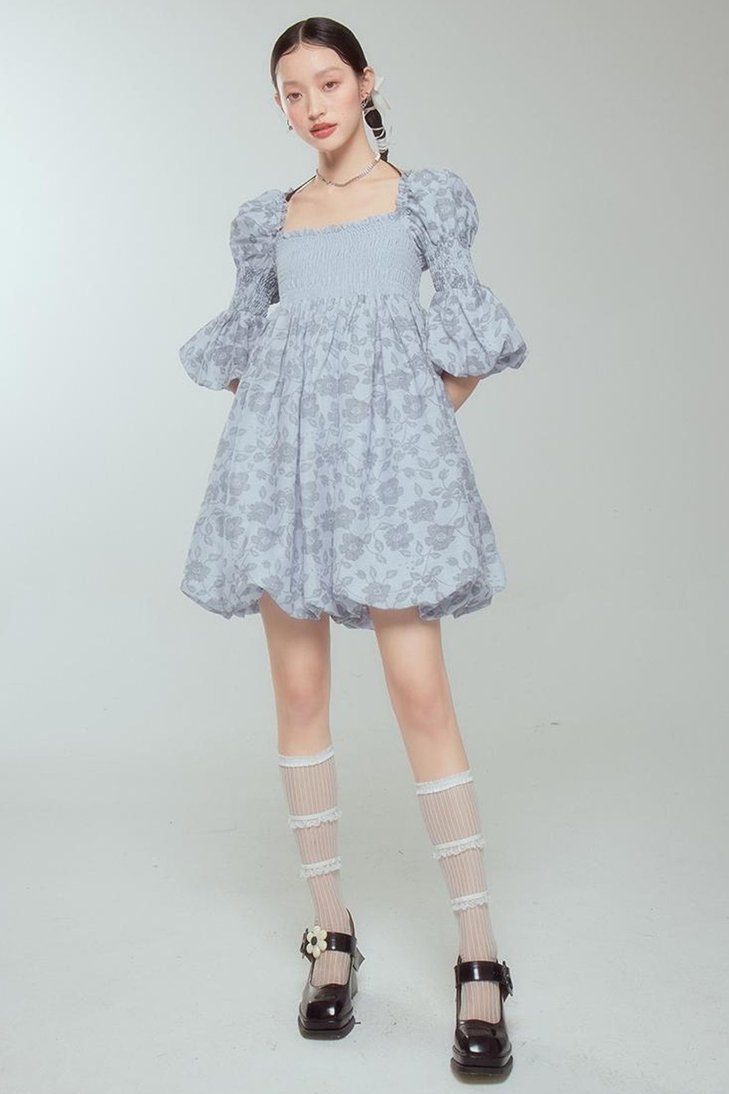 DIDDI MODA Blue Floral Jacquard Bubble Dress With Puff Sleeves