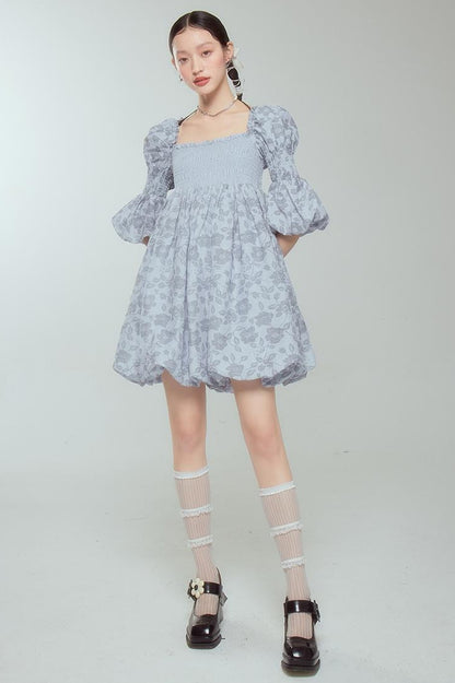 DIDDI MODA Blue Floral Jacquard Bubble Dress With Puff Sleeves
