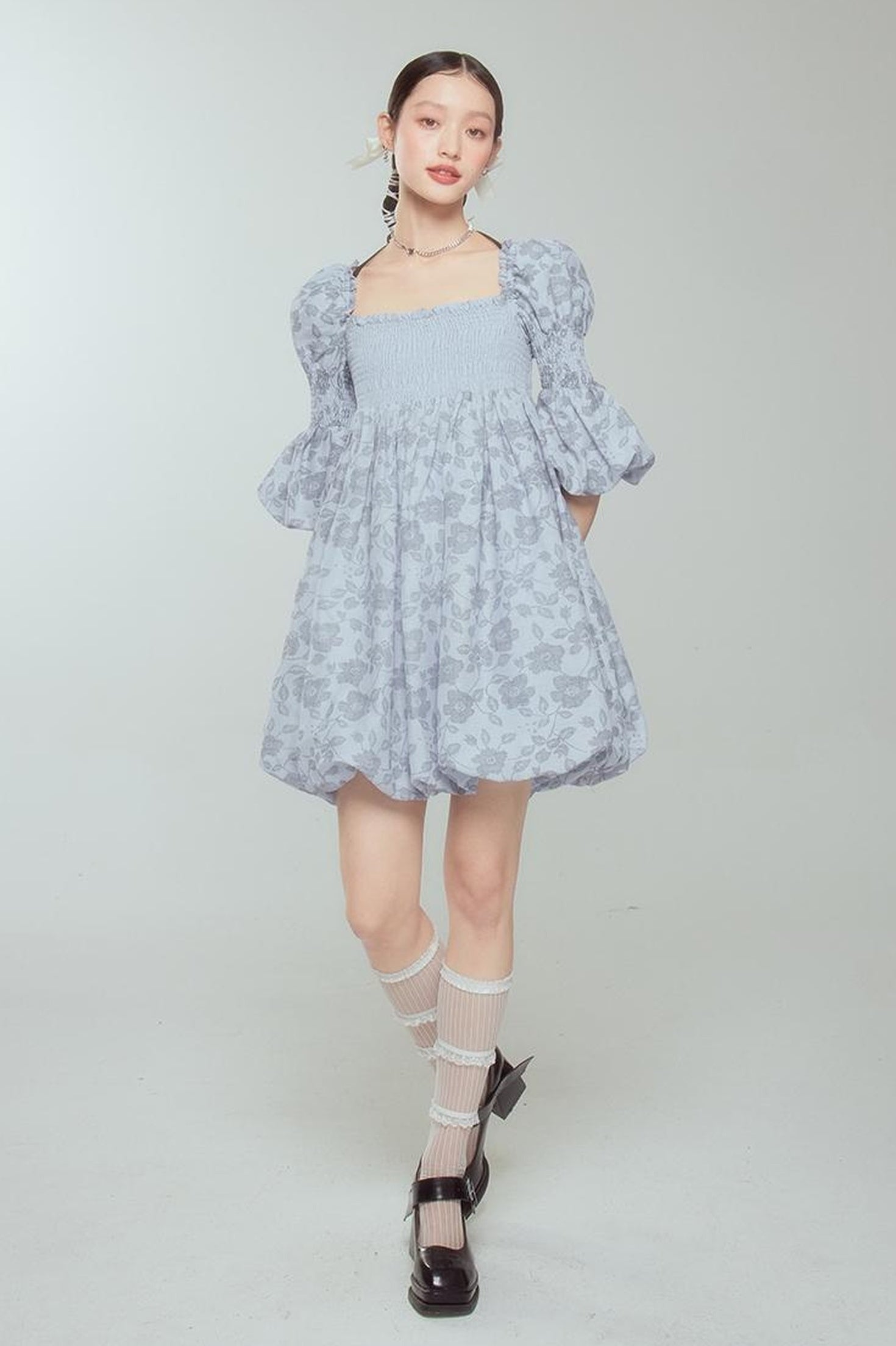 DIDDI MODA Blue Floral Jacquard Bubble Dress With Puff Sleeves