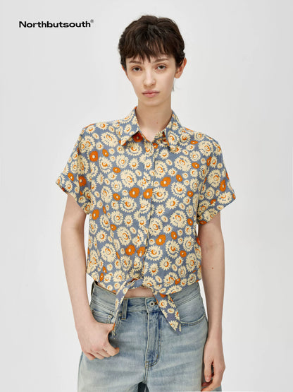 Blue Floral Print Vintage Two Way Tie Front Vacation Shirt