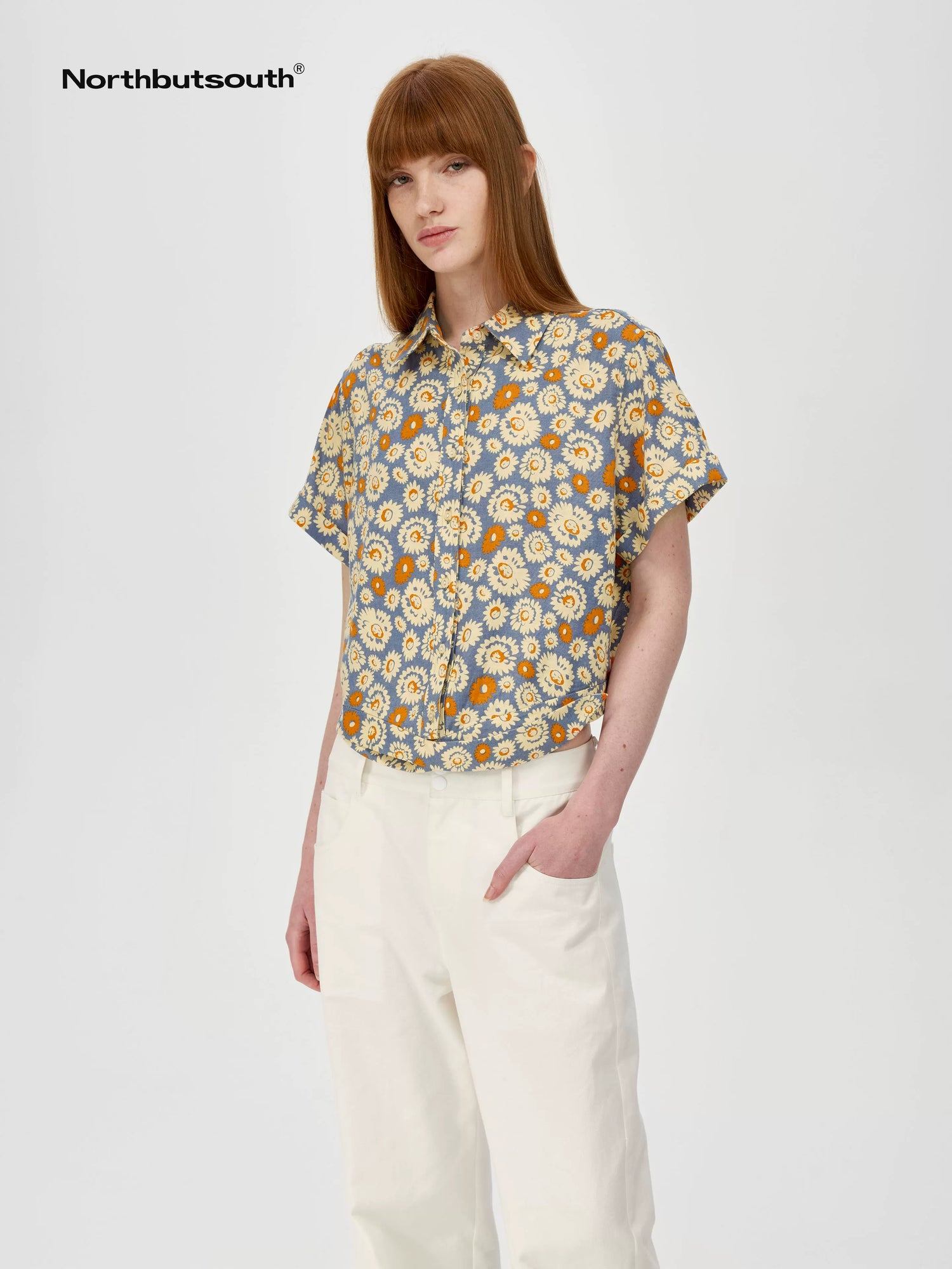 Blue Floral Print Vintage Two Way Tie Front Vacation Shirt