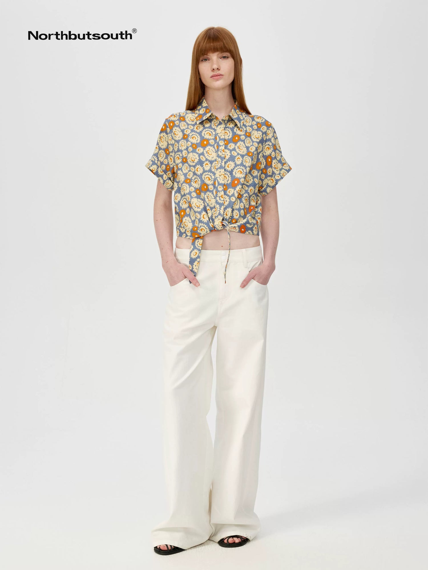 Blue Floral Print Vintage Two Way Tie Front Vacation Shirt