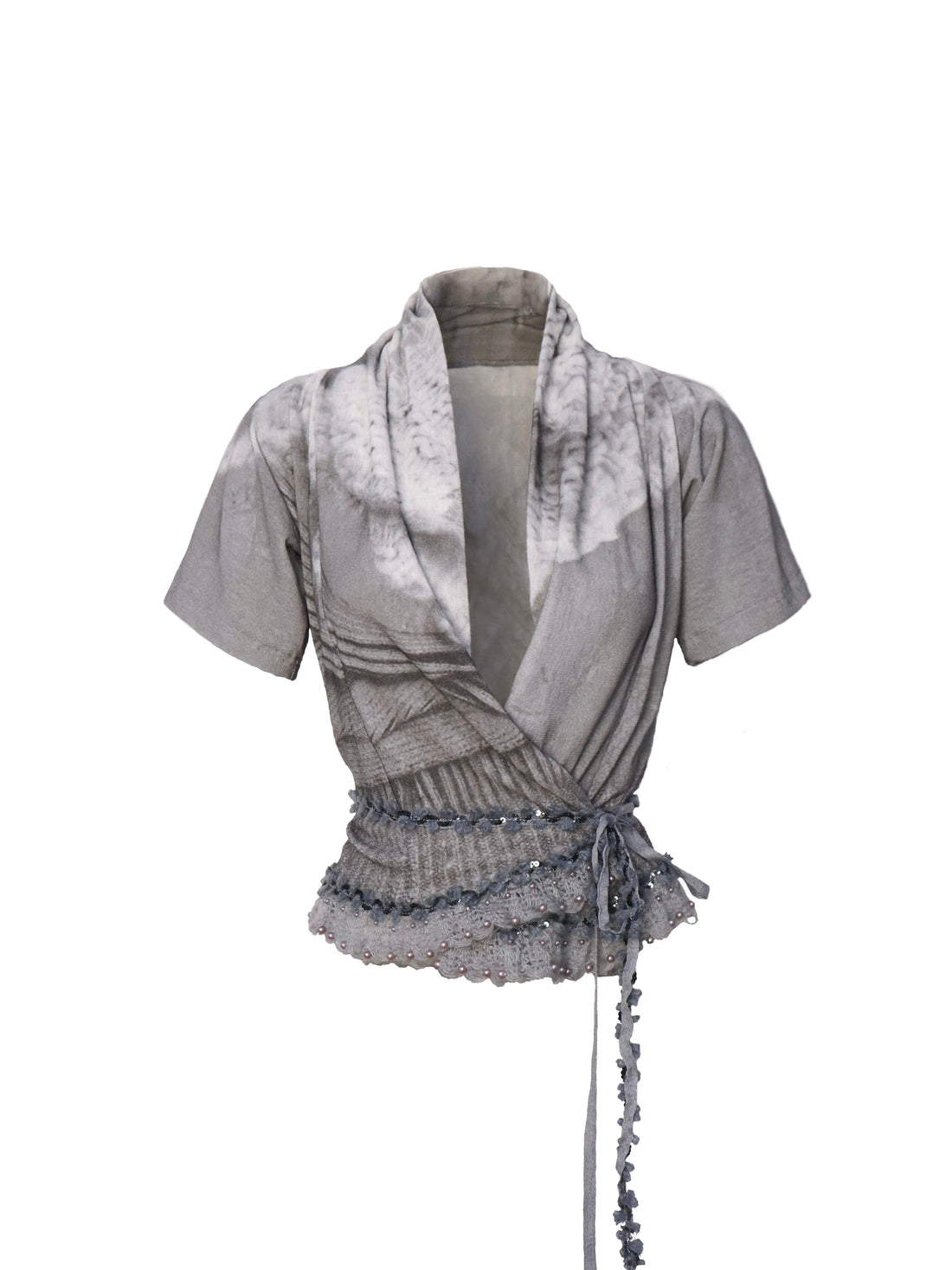 Flowers birds Market Detachable Faux Fur Collar Knit Cardigan