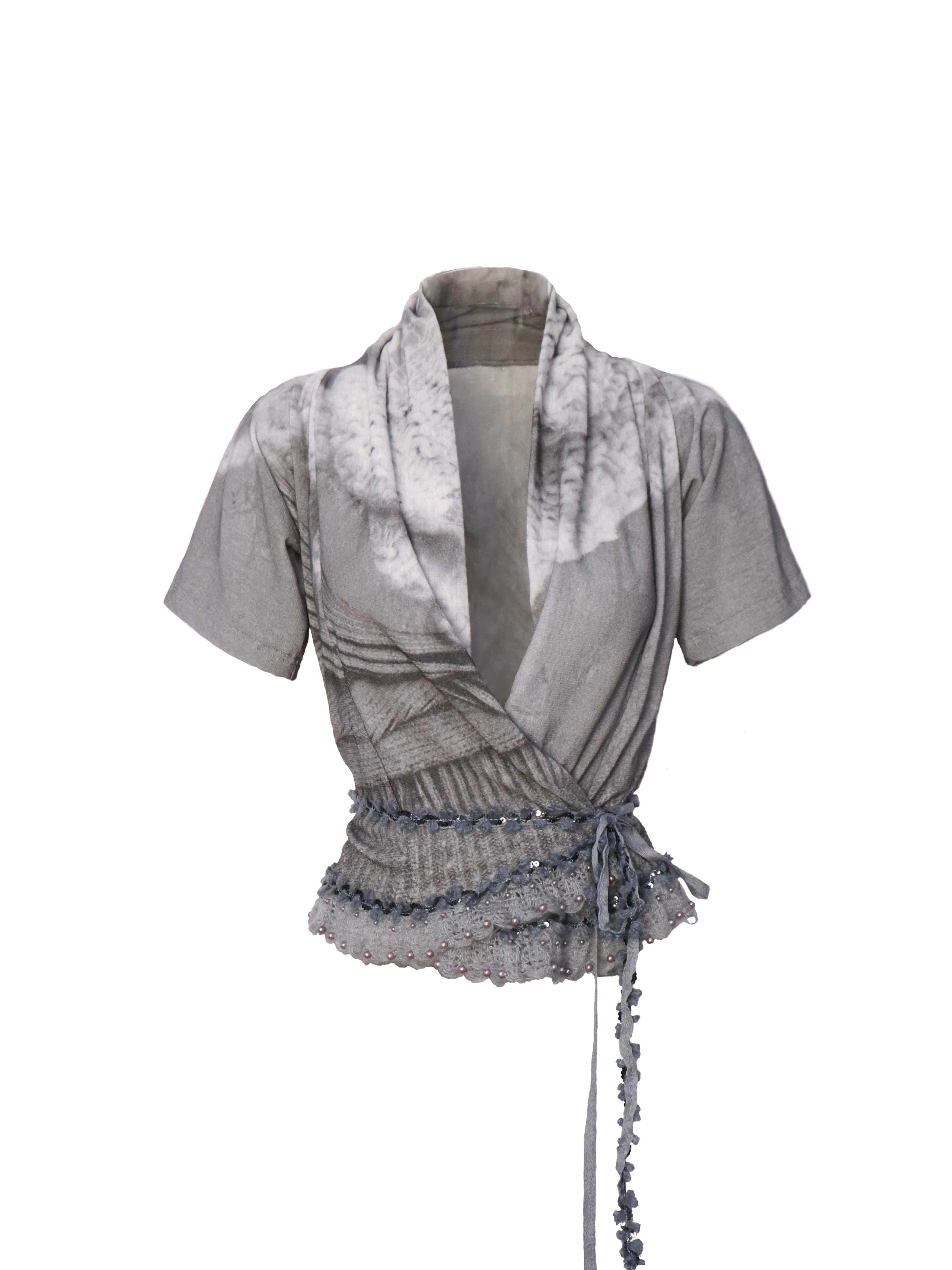 Flowers birds Market Detachable Faux Fur Collar Knit Cardigan