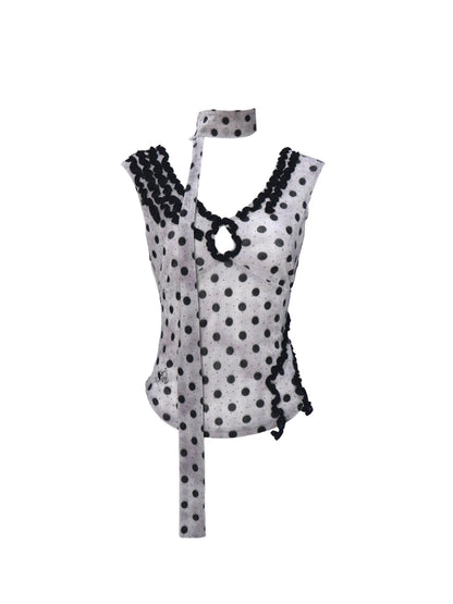 Flowers birds Market Low Cut Lace Velvet Dot Camisole Top