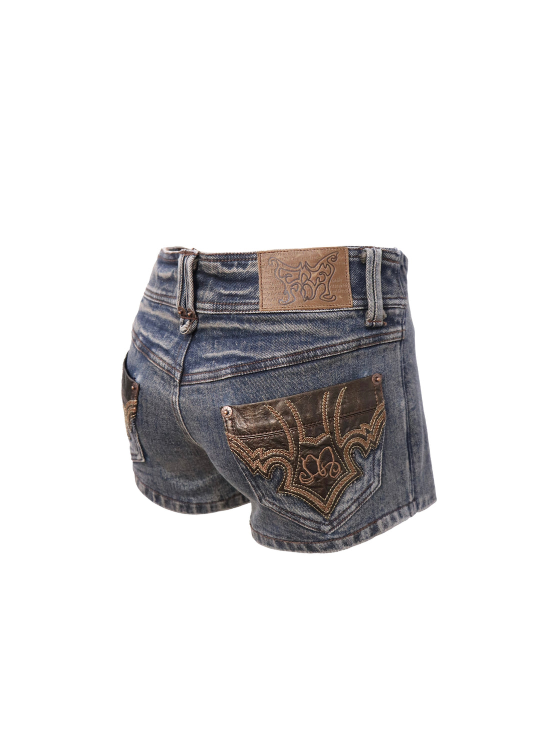 Flowers birds Market Low Waist Blue Grey Stretch Denim Shorts With Detachable Fur Trim