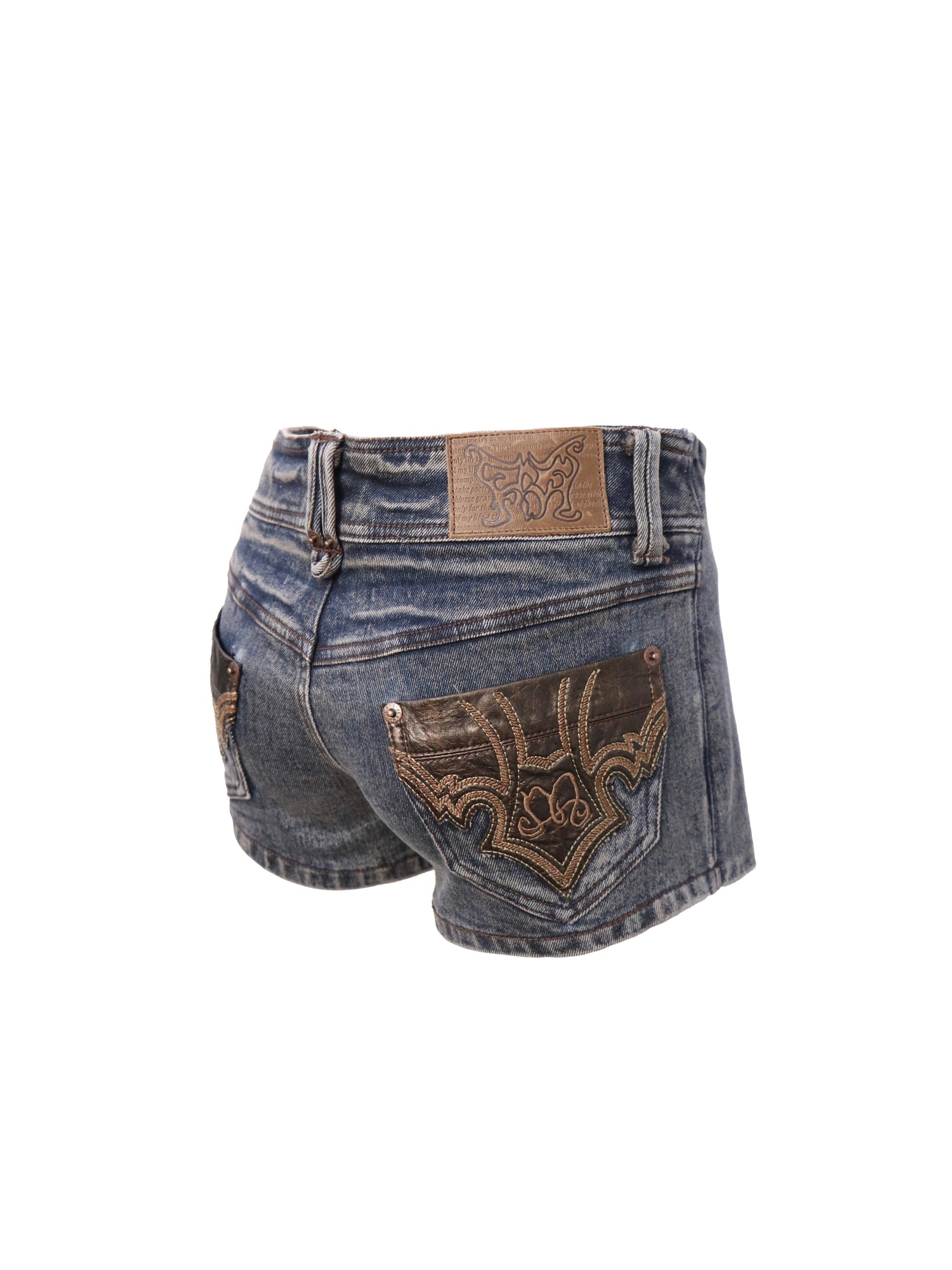 Flowers birds Market Low Waist Blue Grey Stretch Denim Shorts With Detachable Fur Trim