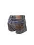 Flowers birds Market Low Waist Blue Grey Stretch Denim Shorts With Detachable Fur Trim