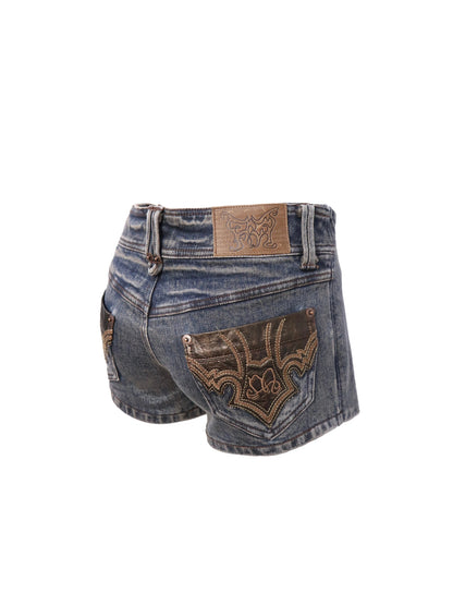 Low Waist Blue Grey Stretch Denim Shorts With Detachable Fur Trim