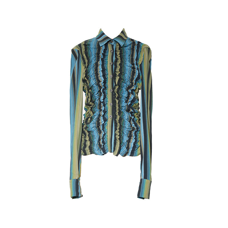 YOSHUYUKI Elastic Hem Asymmetrical Pleat Blue Green Contrast Stripe Shirt