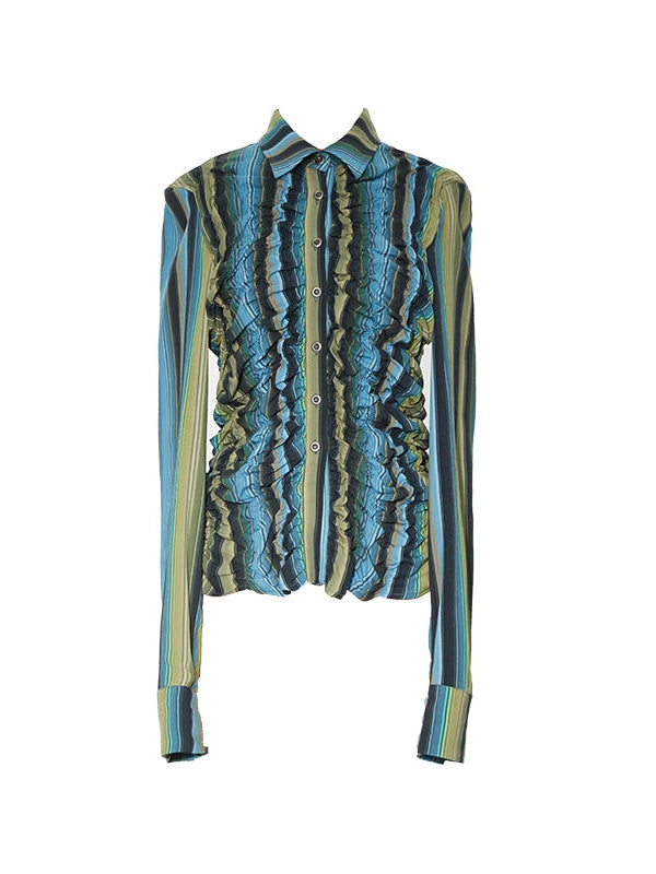 Elastic Hem Asymmetrical Pleat Blue Green Contrast Stripe Shirt