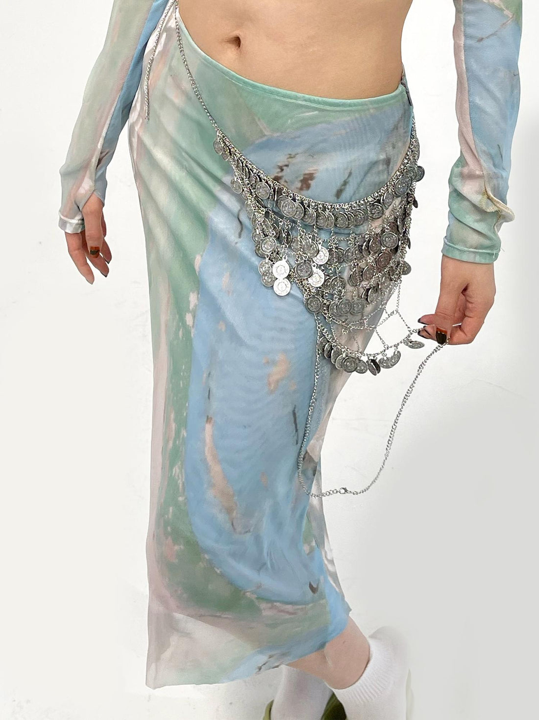 Blue Green Floral Mesh Midi Skirts for Women