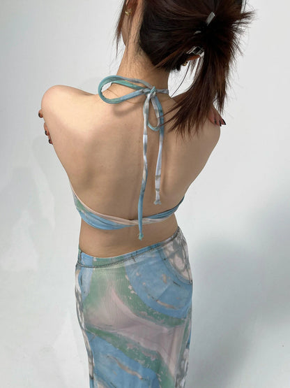 Blue Green Floral Mesh Midi Skirts For Women