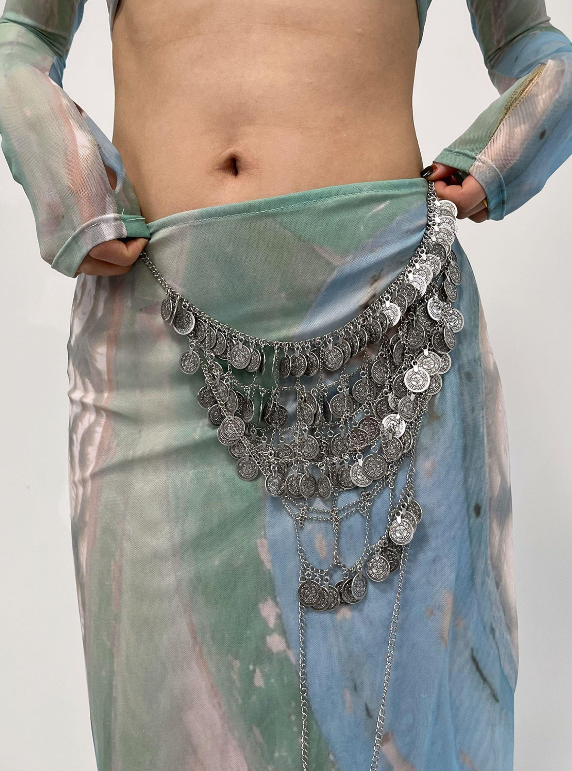 Blue Green Floral Mesh Midi Skirts for Women