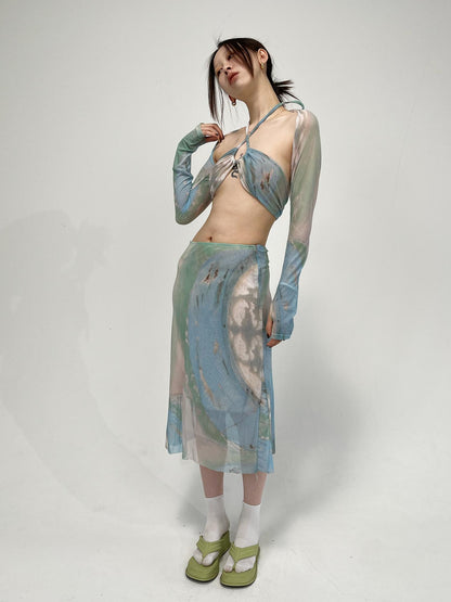 Blue Green Floral Mesh Midi Skirts for Women