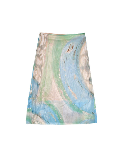 Blue Green Floral Mesh Midi Skirts for Women