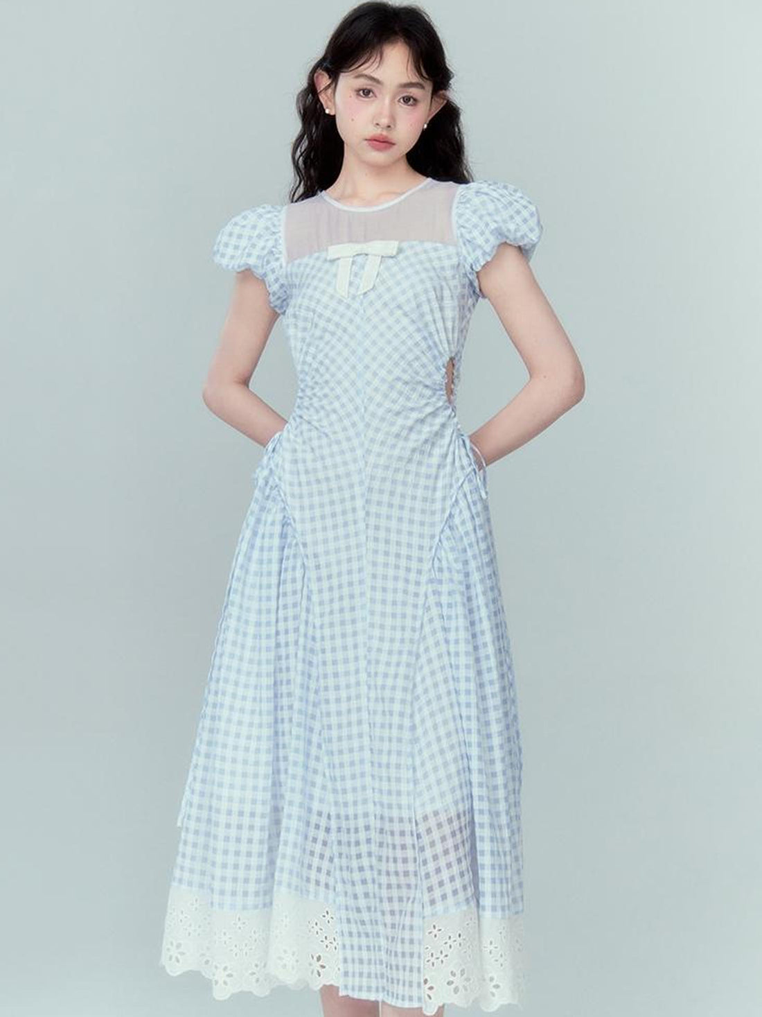 DIDDI MODA Blue Grid High Waist Ruffled Hollow Out A Line Maxi Dress