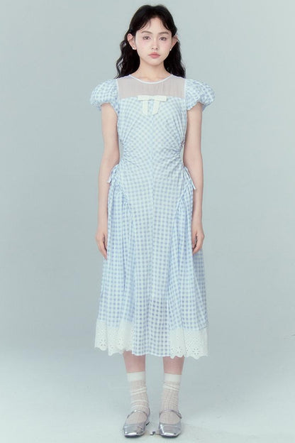 DIDDI MODA Blue Grid High Waist Ruffled Hollow Out A Line Maxi Dress