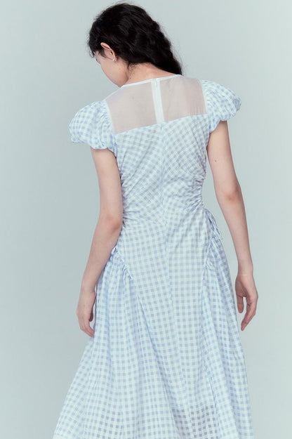 DIDDI MODA Blue Grid High Waist Ruffled Hollow Out A Line Maxi Dress