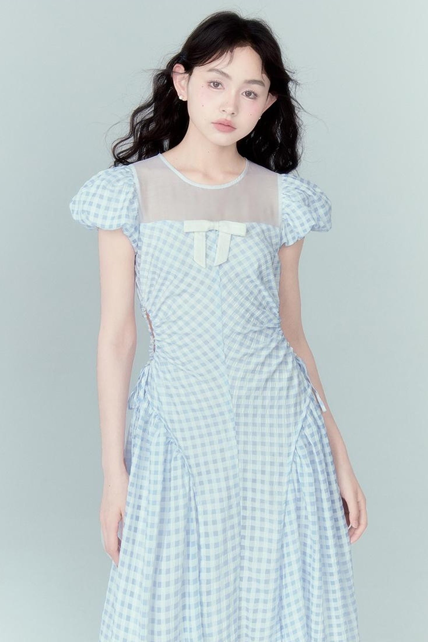 DIDDI MODA Blue Grid High Waist Ruffled Hollow Out A Line Maxi Dress