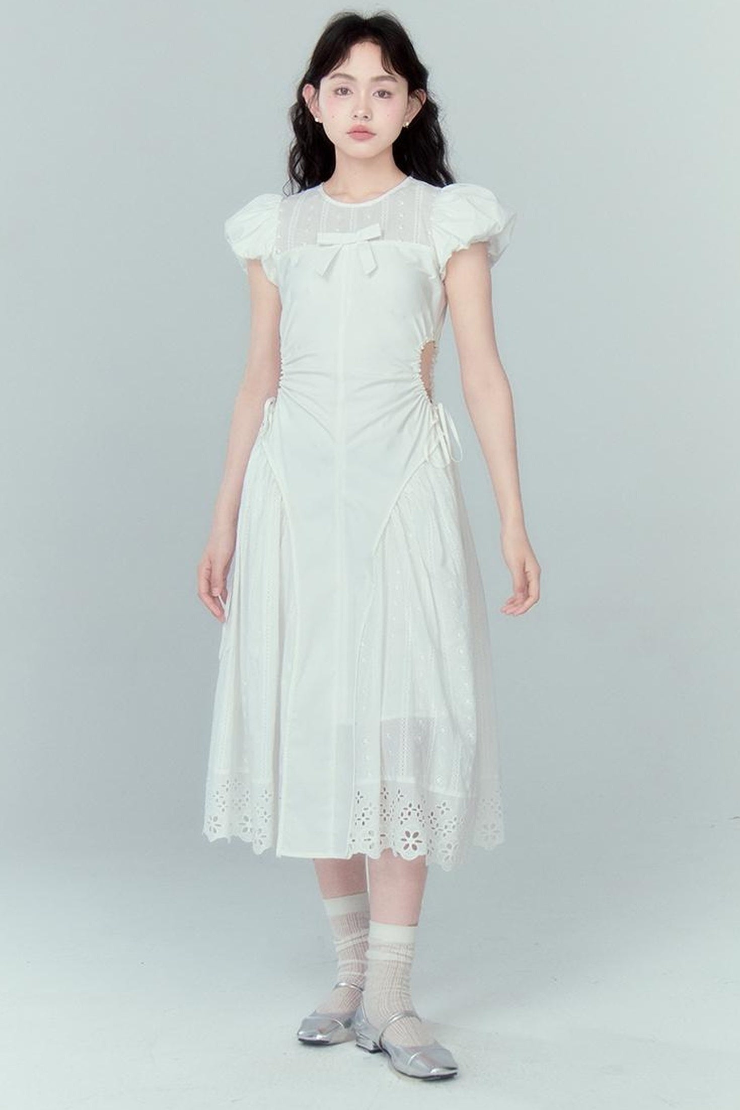 DIDDI MODA Blue Grid High Waist Ruffled Hollow Out A Line Maxi Dress