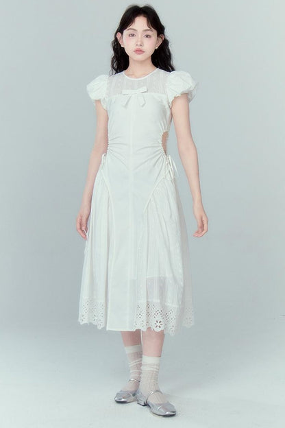 DIDDI MODA Blue Grid High Waist Ruffled Hollow Out A Line Maxi Dress