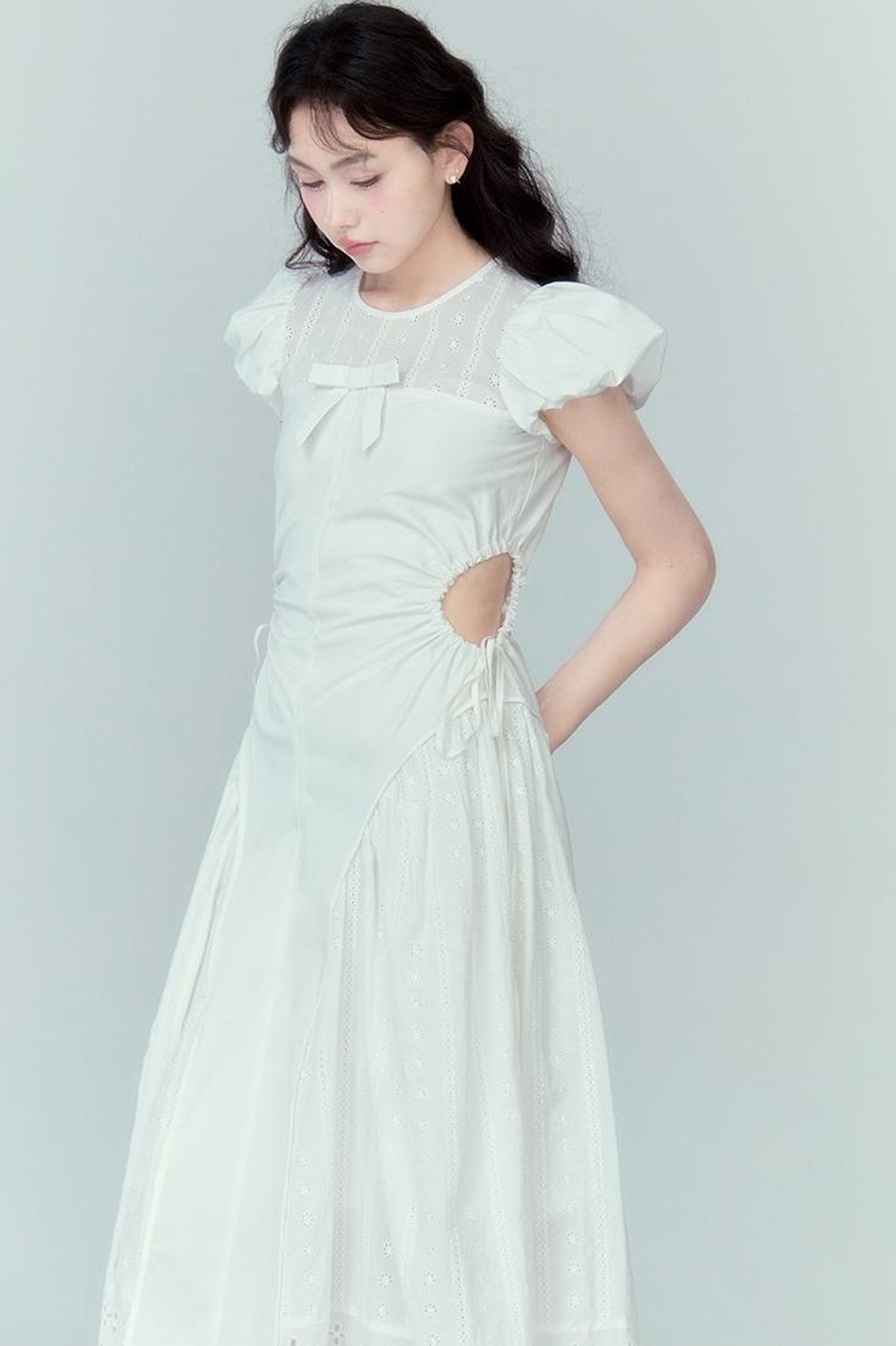 DIDDI MODA Blue Grid High Waist Ruffled Hollow Out A Line Maxi Dress