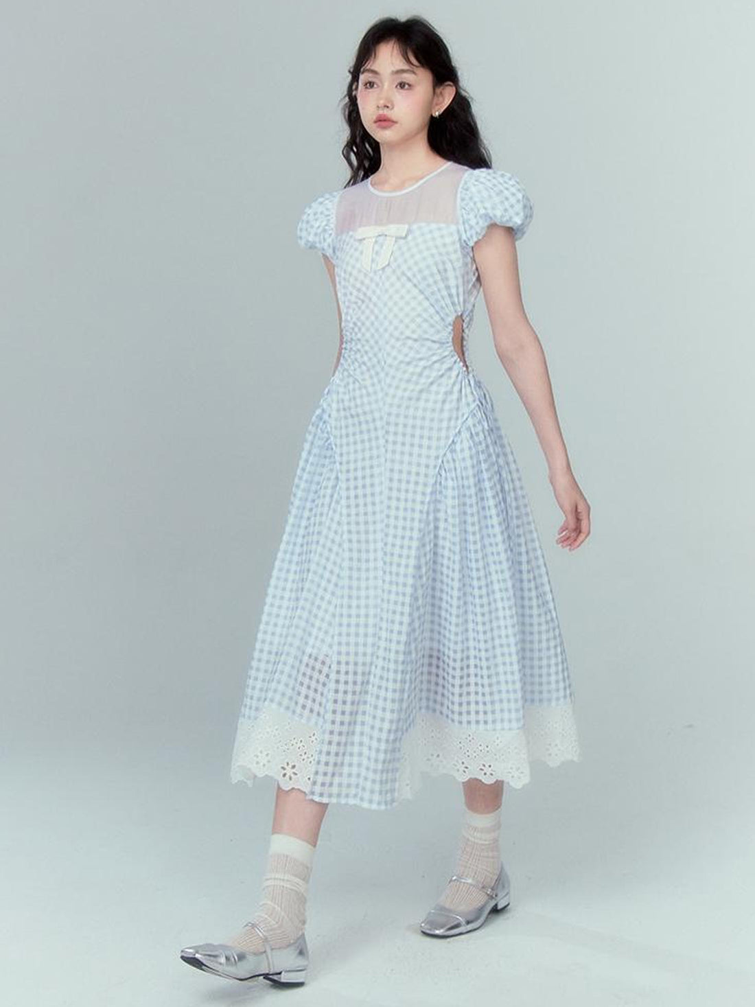 DIDDI MODA Blue Grid High Waist Ruffled Hollow Out A Line Maxi Dress