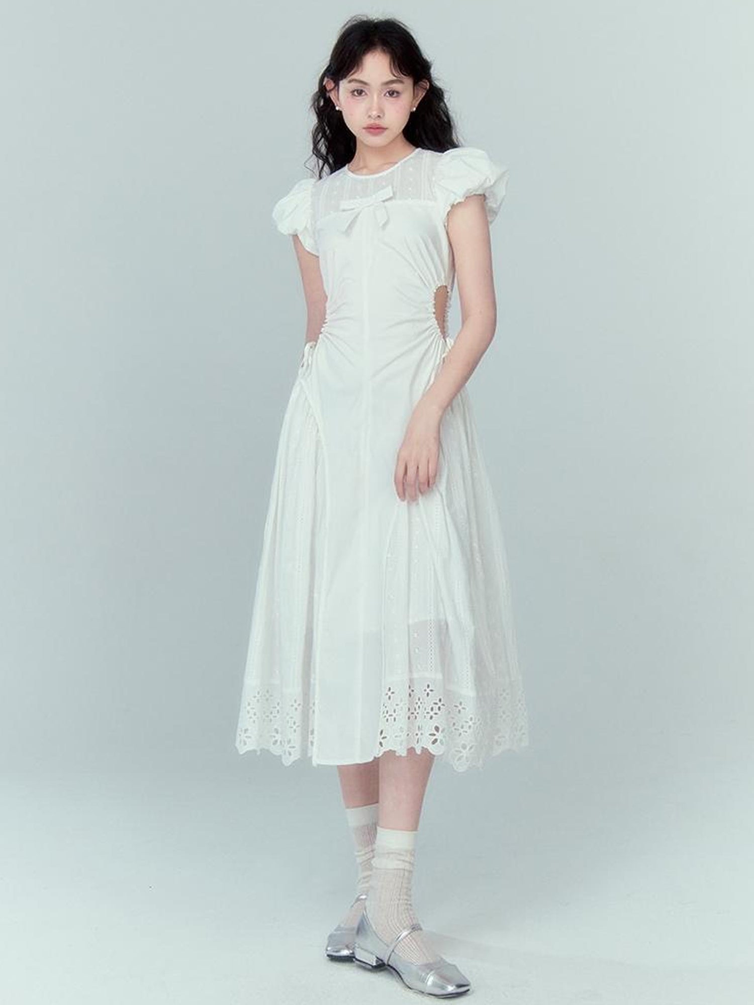 DIDDI MODA Blue Grid High Waist Ruffled Hollow Out A Line Maxi Dress