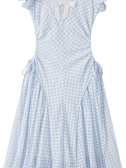 DIDDI MODA Blue Grid High Waist Ruffled Hollow Out A Line Maxi Dress