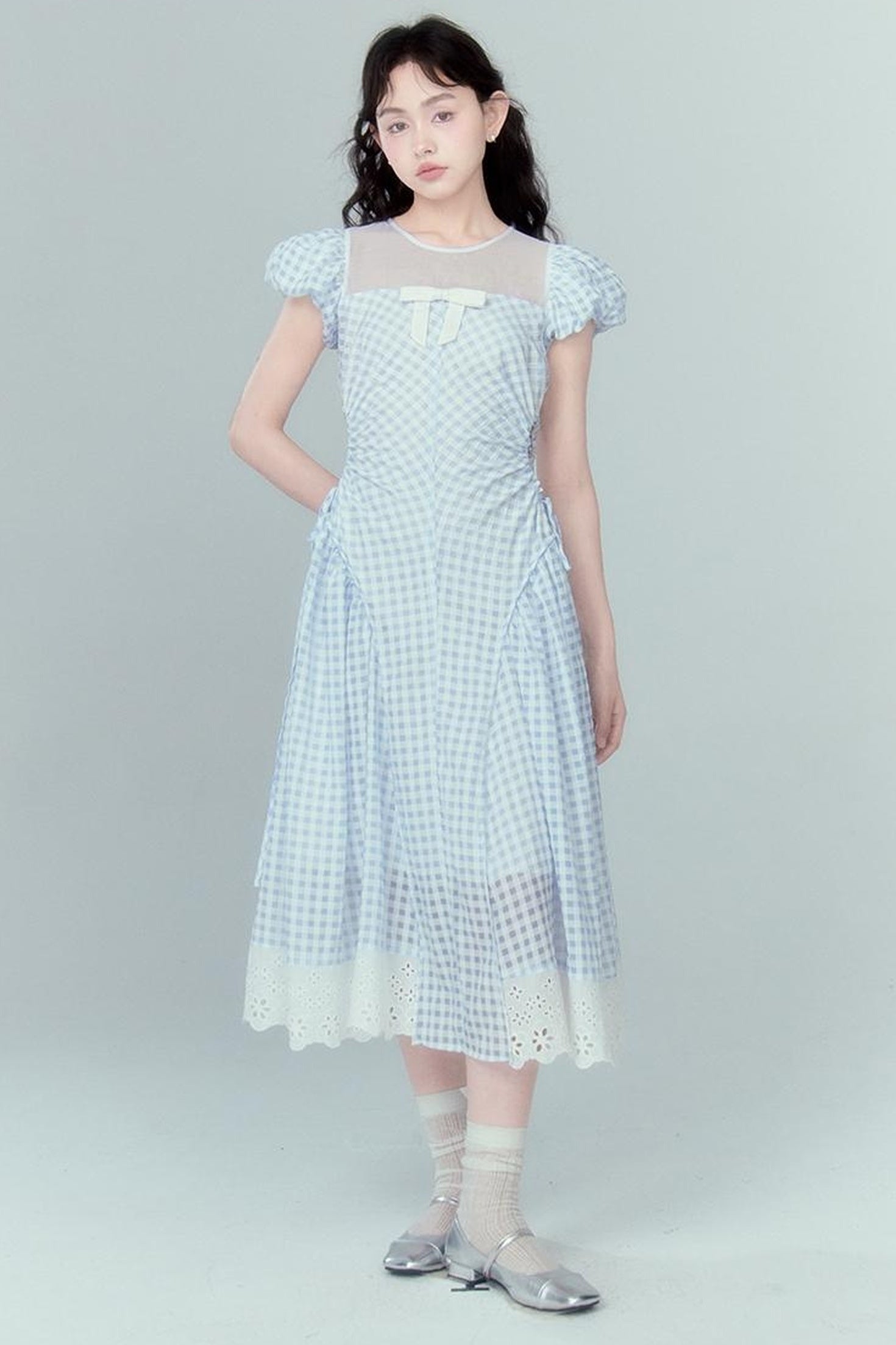 DIDDI MODA Blue Grid High Waist Ruffled Hollow Out A Line Maxi Dress