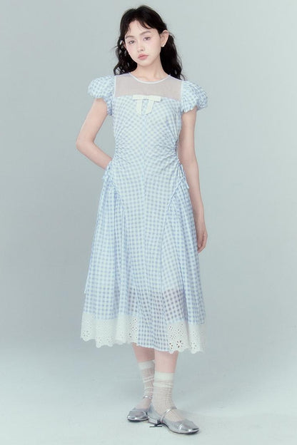 DIDDI MODA Blue Grid High Waist Ruffled Hollow Out A Line Maxi Dress