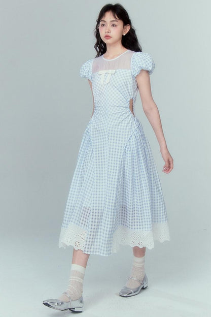 DIDDI MODA Blue Grid High Waist Ruffled Hollow Out A Line Maxi Dress