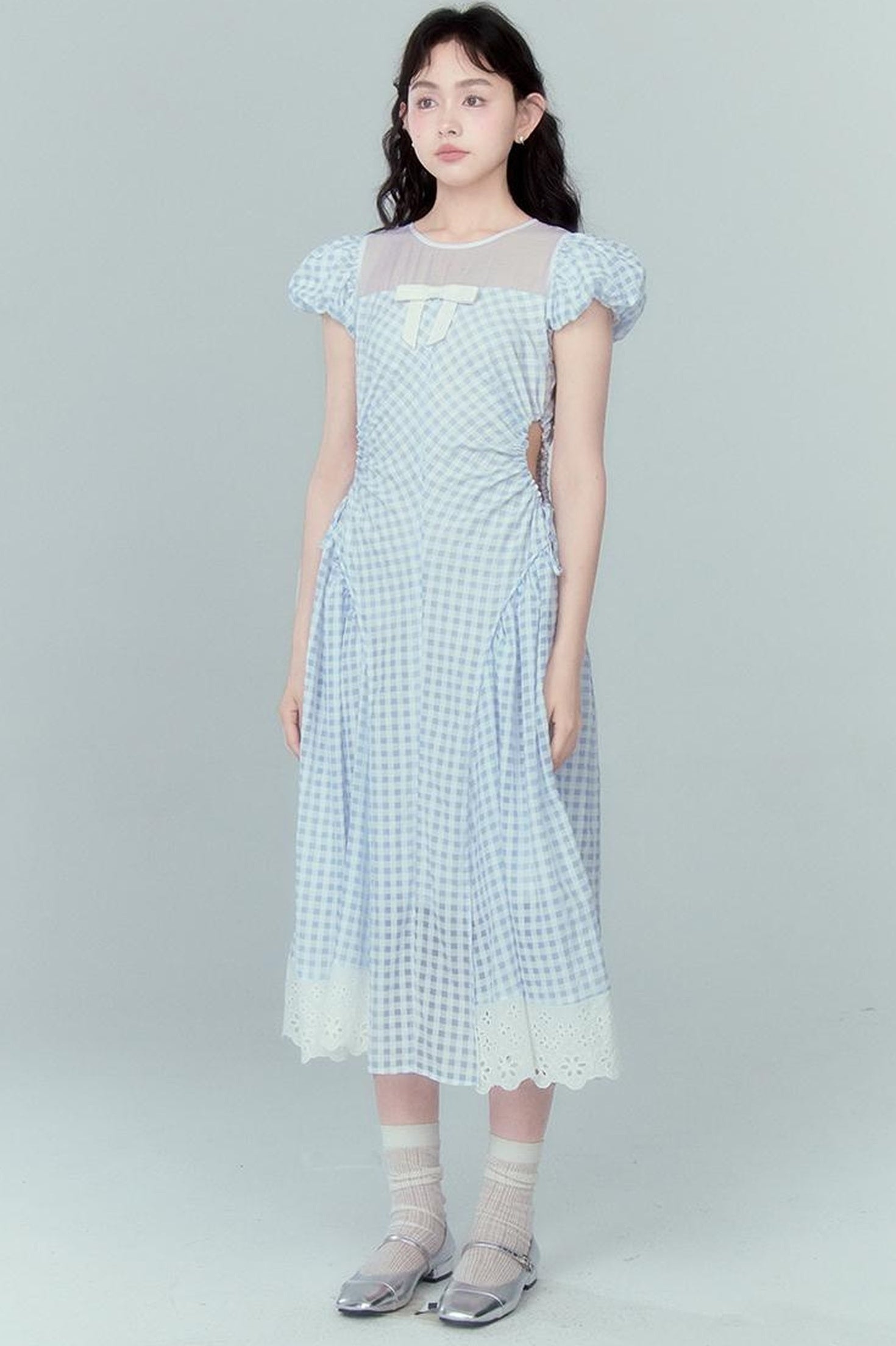 DIDDI MODA Blue Grid High Waist Ruffled Hollow Out A Line Maxi Dress