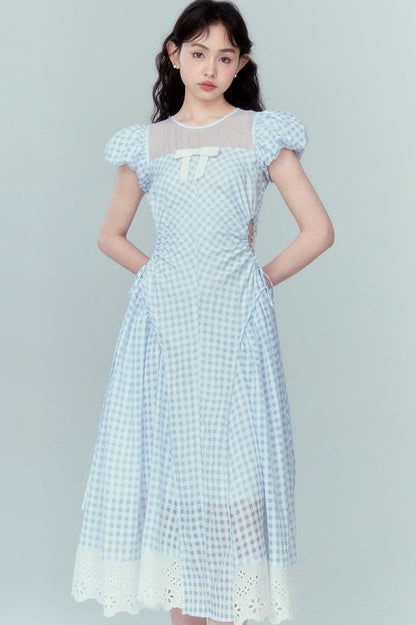 DIDDI MODA Blue Grid High Waist Ruffled Hollow Out A Line Maxi Dress