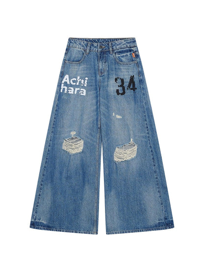 Achihara Vintage Washed Wide Leg Jeans With Distressed Details