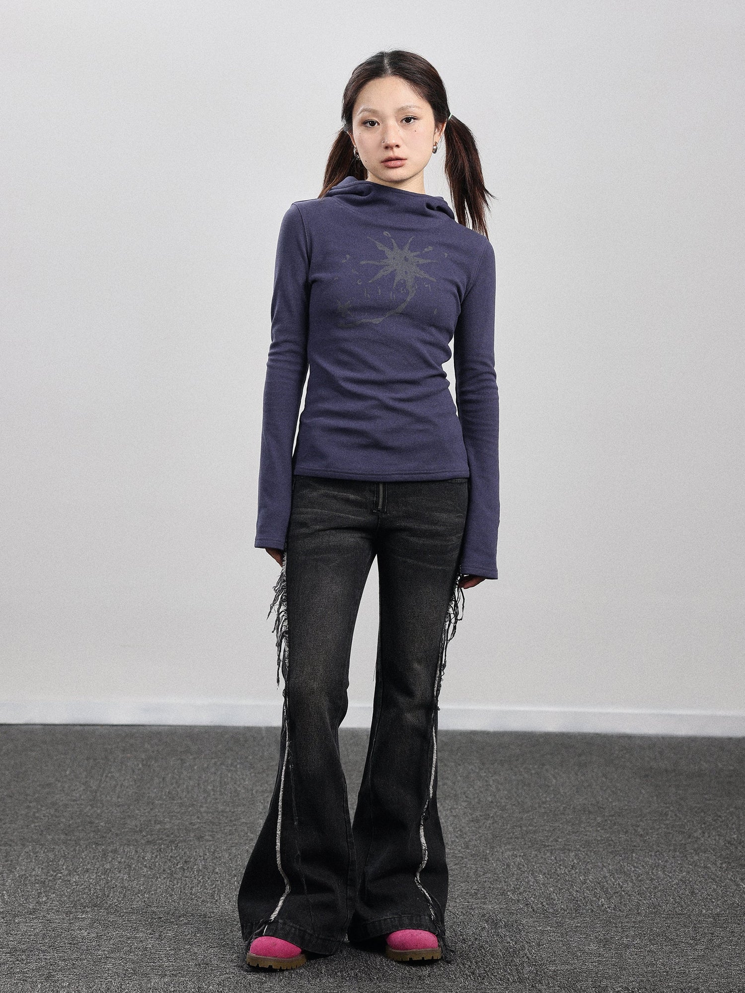 Achihara Hooded Star Print Thermal Long Sleeve T Shirt