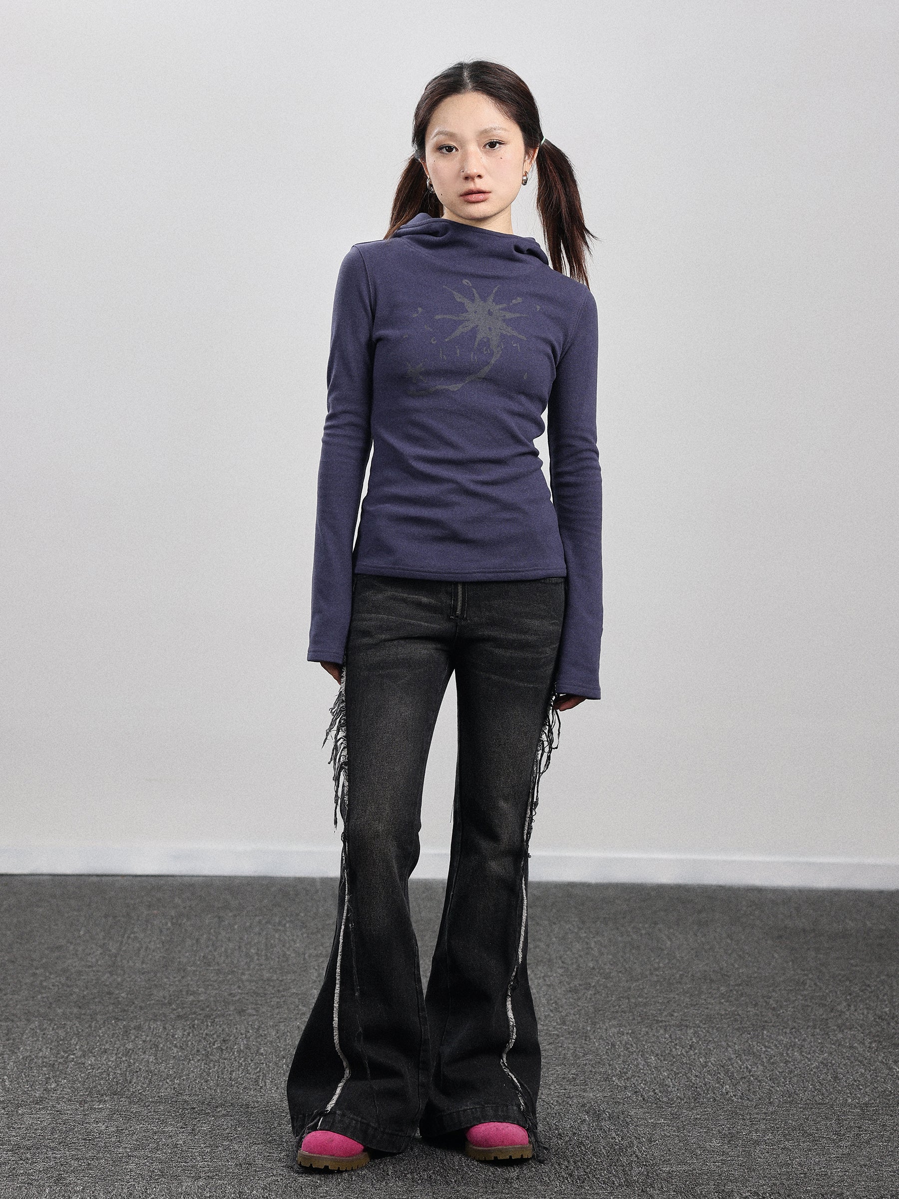 Achihara Hooded Star Print Thermal Long Sleeve T Shirt