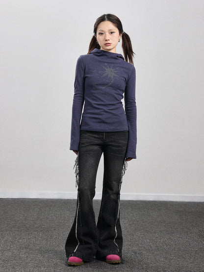 Achihara Hooded Star Print Thermal Long Sleeve T Shirt