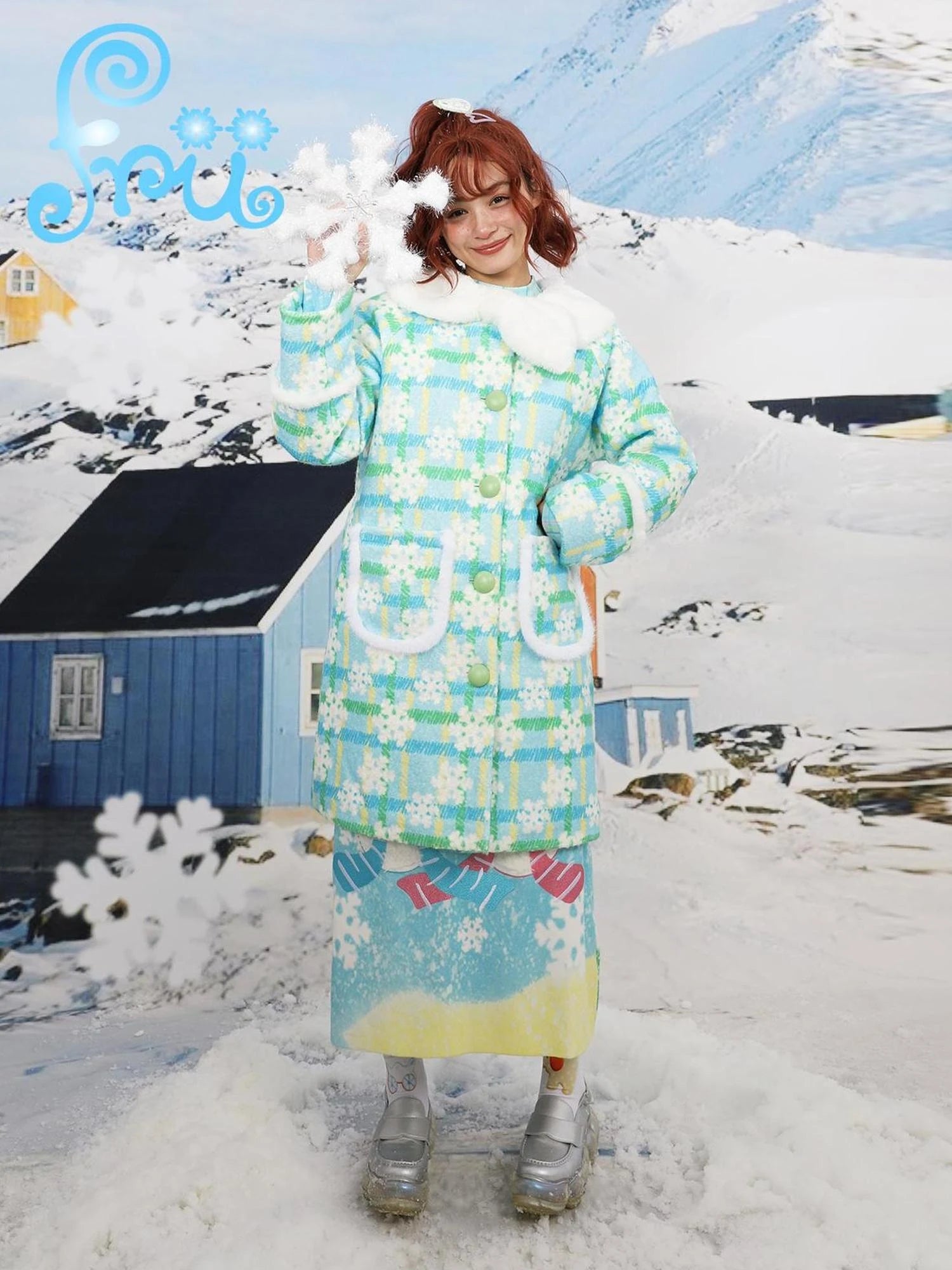 Blue Quilted Wool Coat With Print Doll Collar