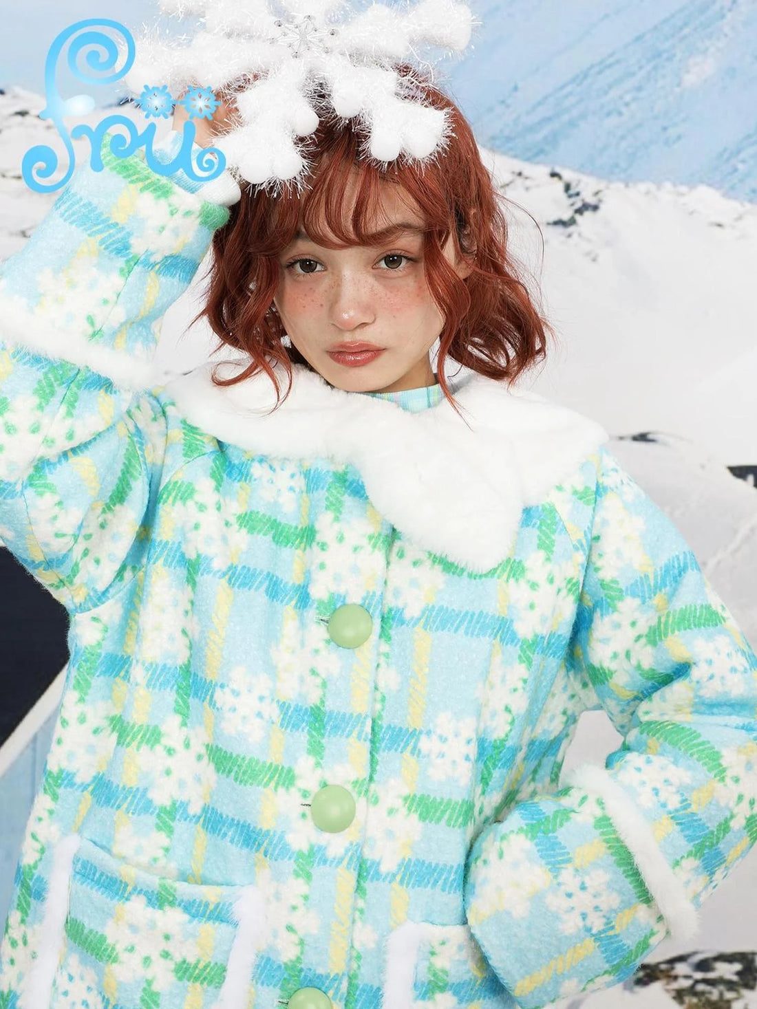 Blue Quilted Wool Coat With Print Doll Collar