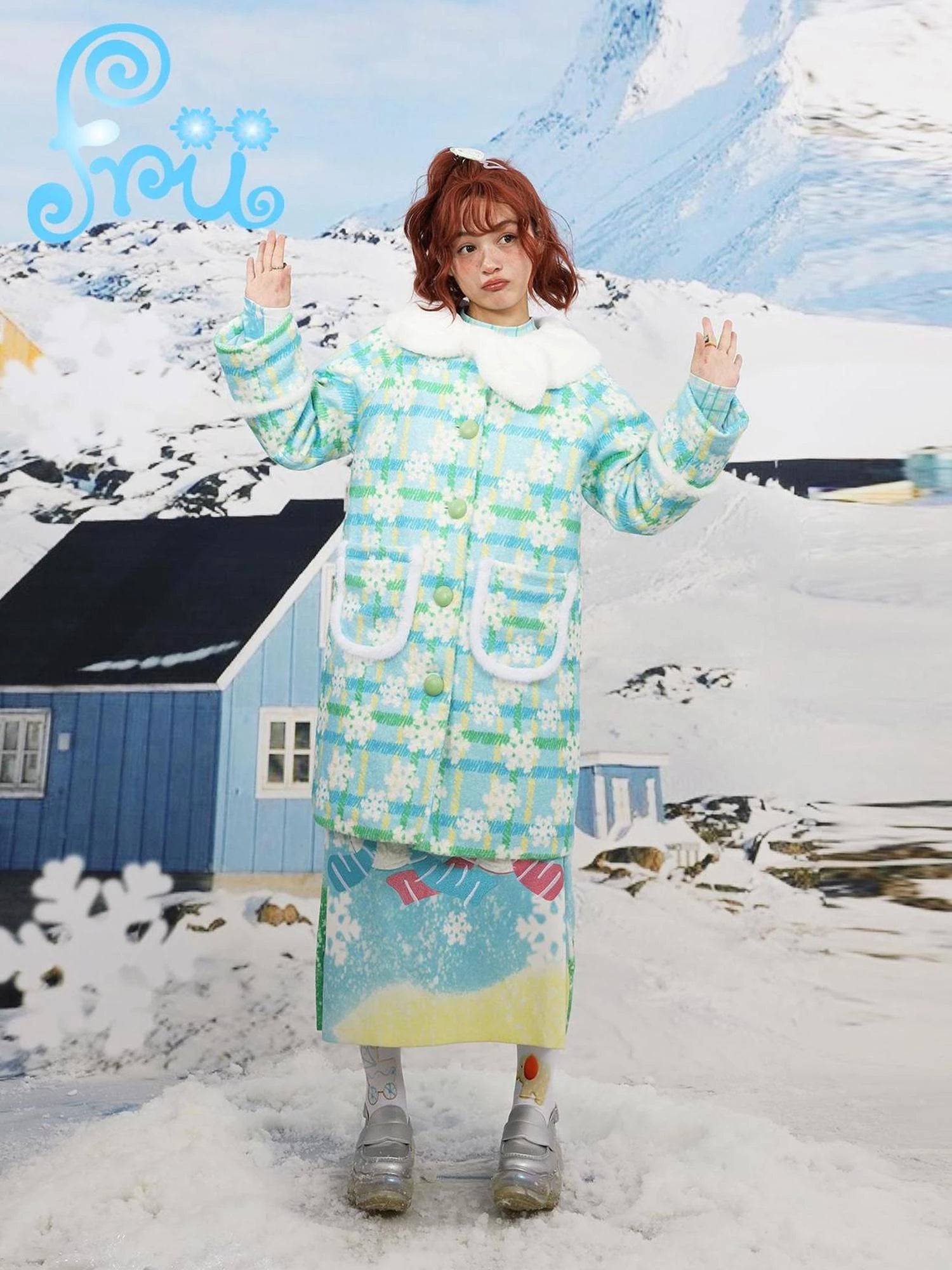 Blue Quilted Wool Coat With Print Doll Collar