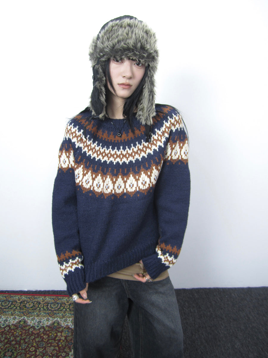 Updateang project Fair Isle Knit Sweater Women Vintage Winter Blue Loose