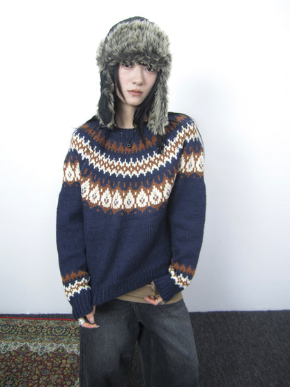 Updateang project Fair Isle Knit Sweater Women Vintage Winter Blue Loose