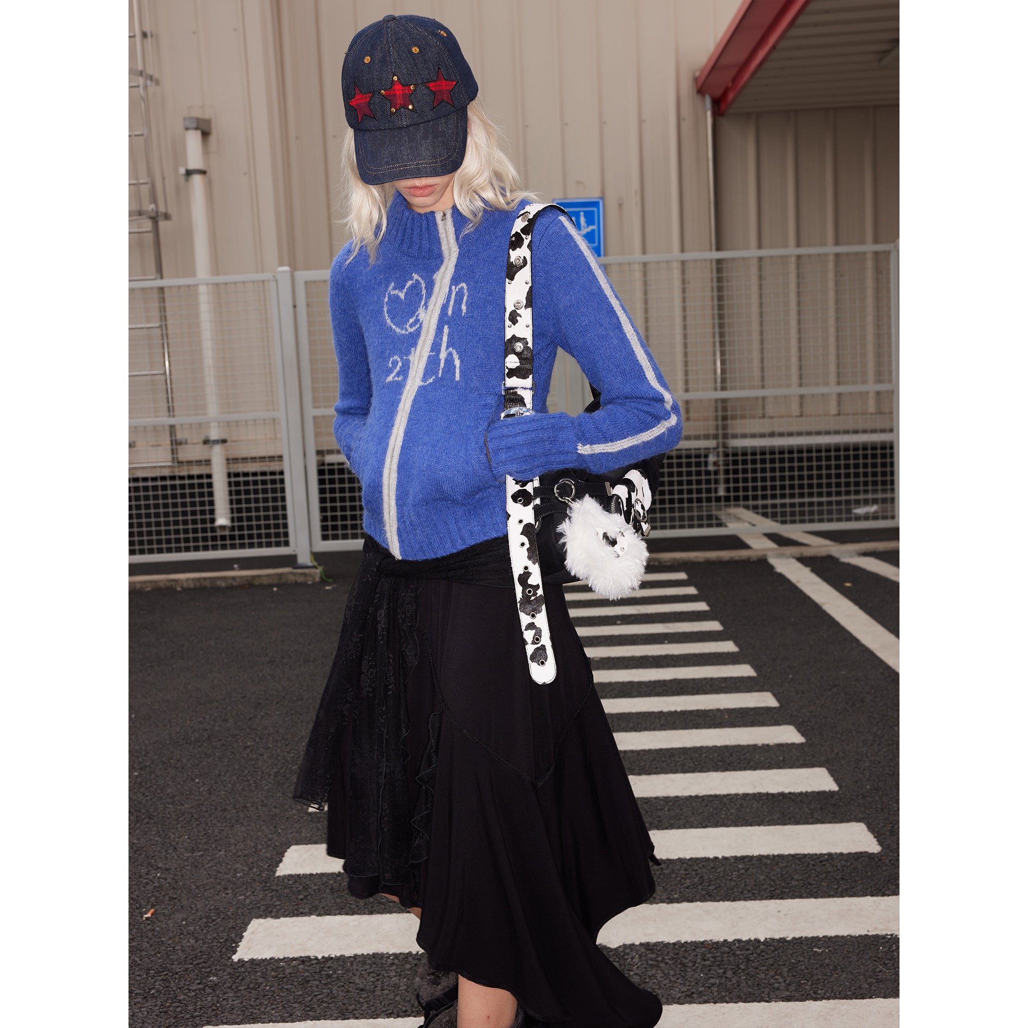 2th Desire Wool Plush Letter Contrast Zip Cardigan