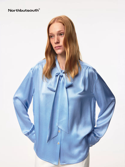 Blue Striped Acetate Bow Tie Layering Shirt