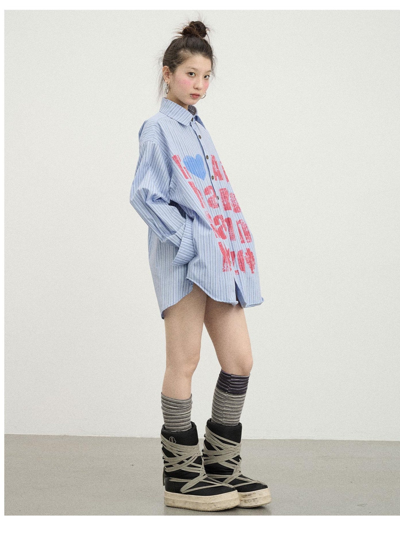 Blue Striped Letter Print Long Sleeve Shirt