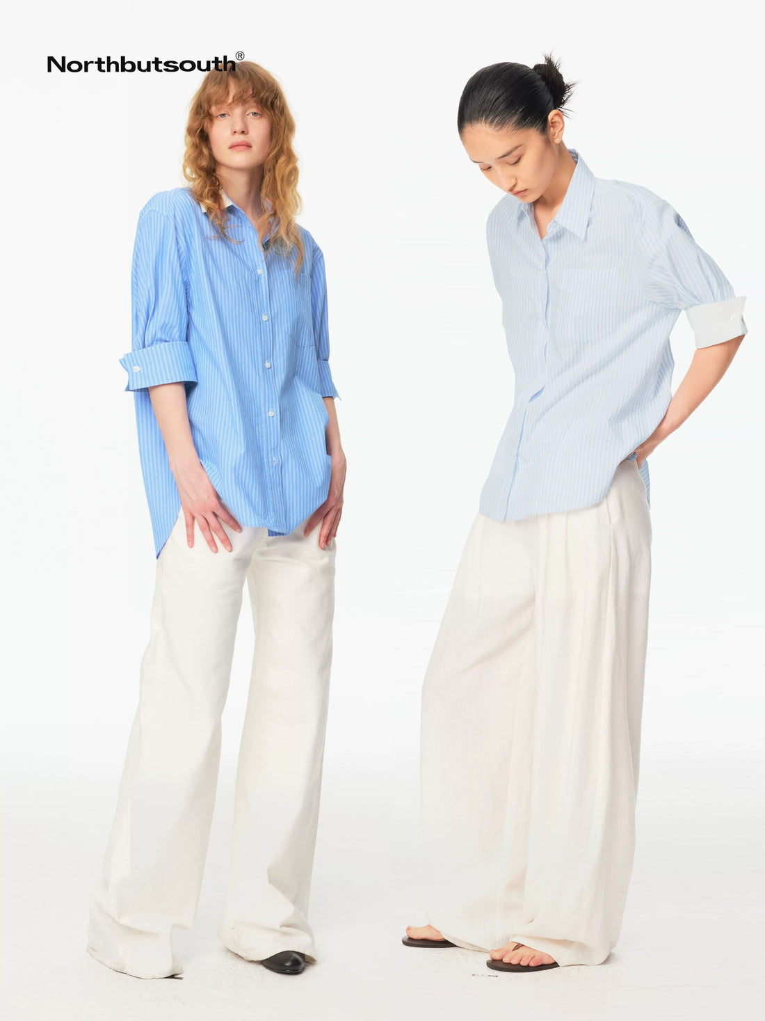 Blue White Contrast Collar Fine Stripe Mid Sleeve Loose Women&