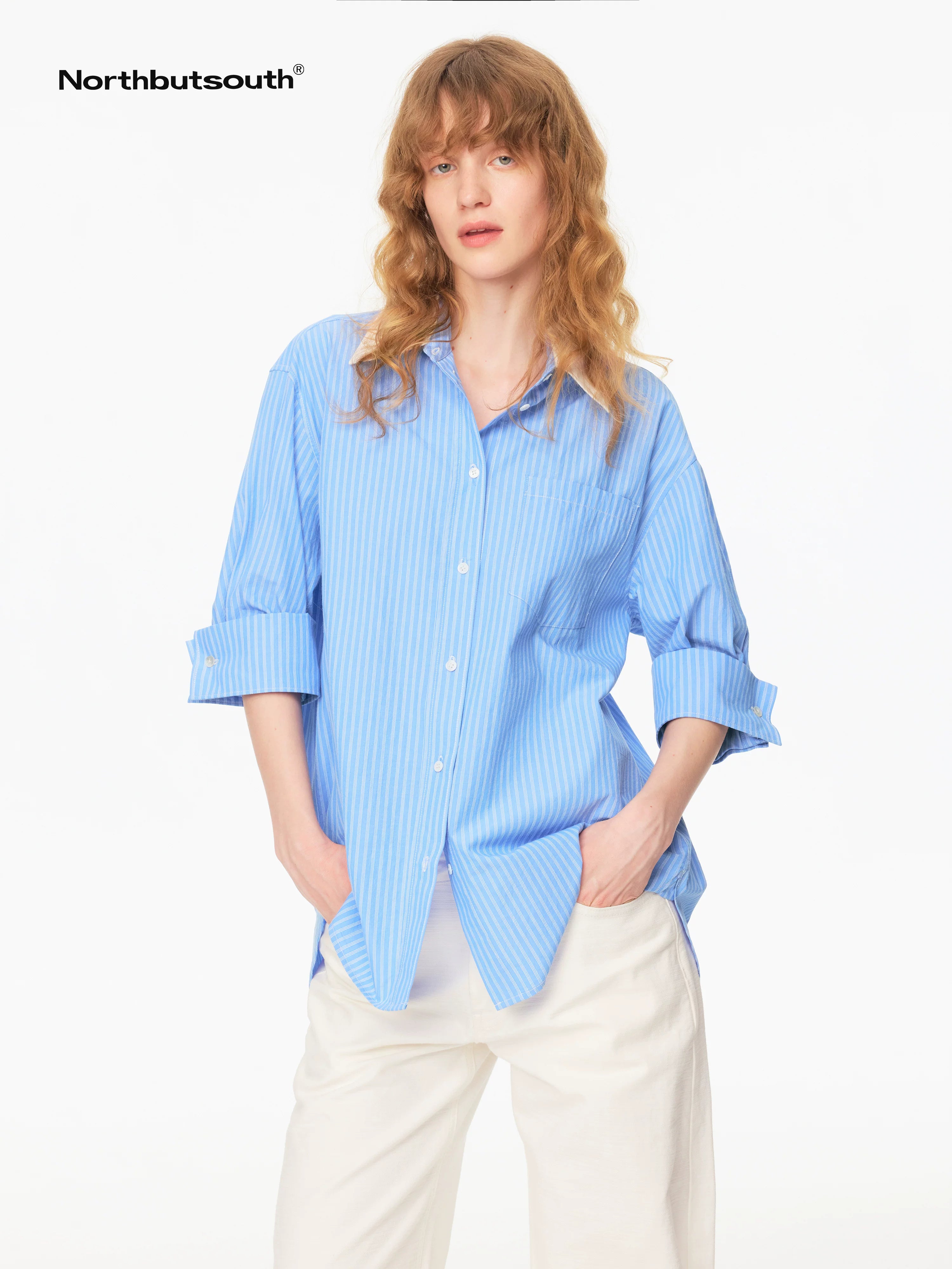 Blue White Contrast Collar Fine Stripe Mid Sleeve Loose Women&