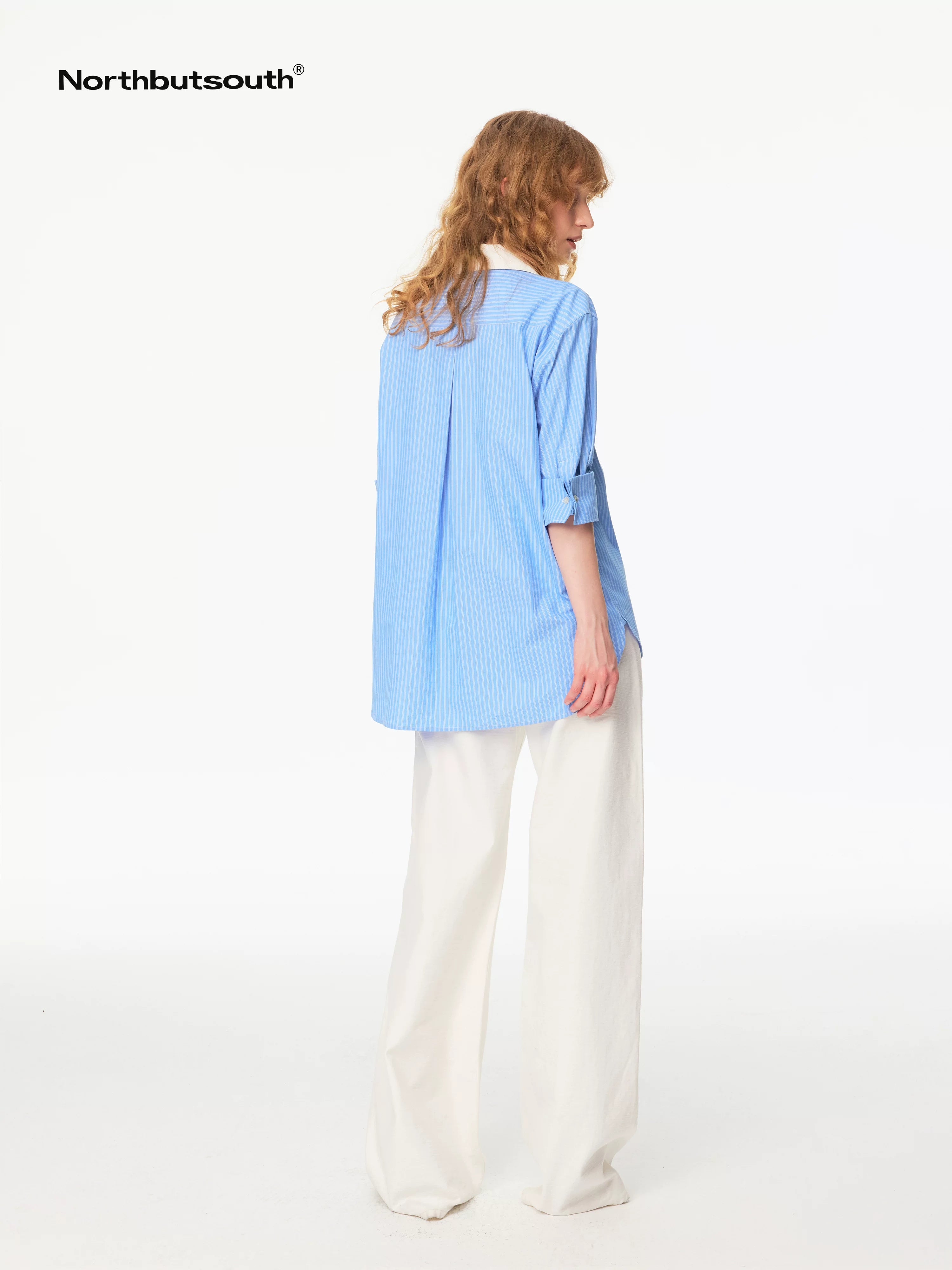 Blue White Contrast Collar Fine Stripe Mid Sleeve Loose Women&
